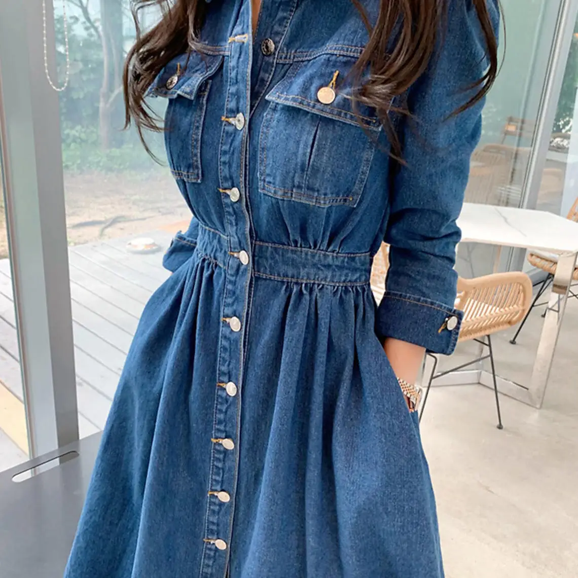 Single Button Denim Midi Dress for Women Elegant Formal Casual Style with Long Sleeve New Design for Summer