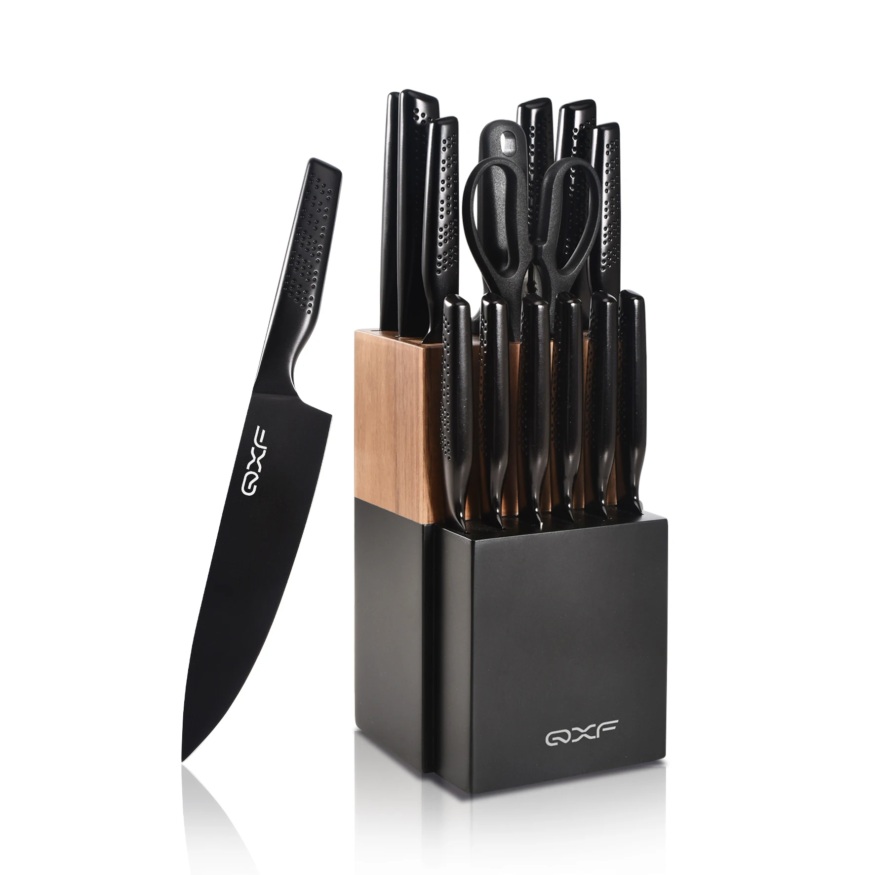 New Design Stark Series 15 PCS Black Coated Kitchen Knife Set Super Sharp Stainless Steel Chef Knife with Wooden Knife Holder