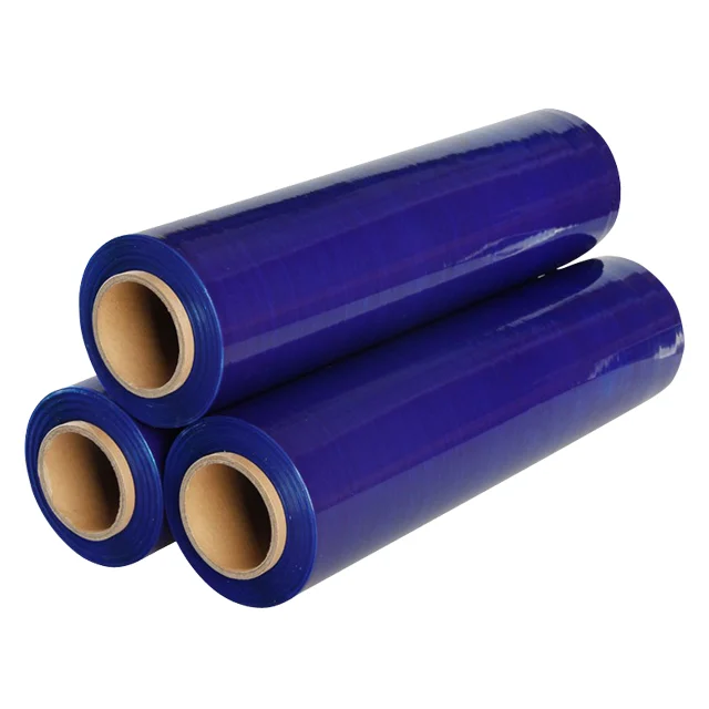 blue color manual using self adhesive strong extention in 6 times LLDPE strech film for pallet packaging