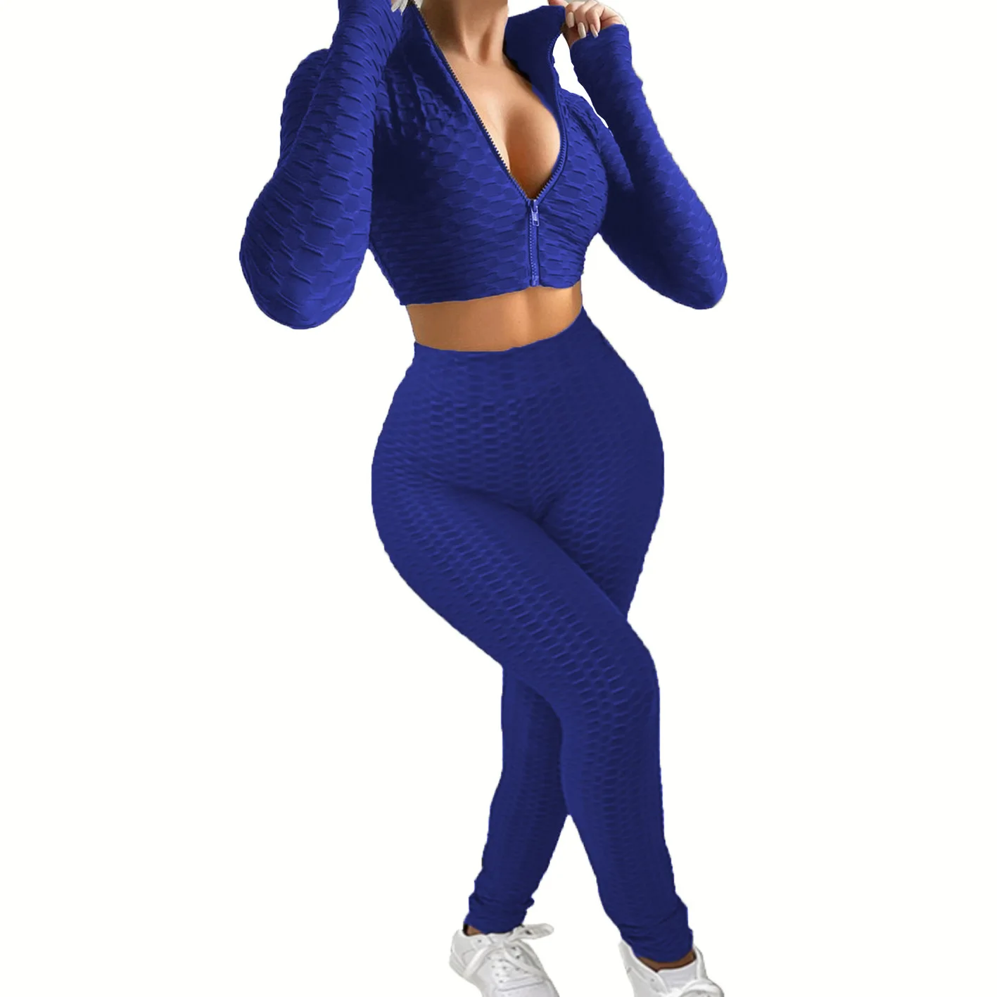 Stand Collar Crop Top Zip 2 Piece Set Breathable Push Up Women Sportswear Active Fitness Suit Yoga Set
