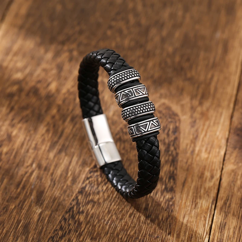 Popular Jewelry Men Silver Stainless Steel Personalized Leather Bracelet Cuff for Mens