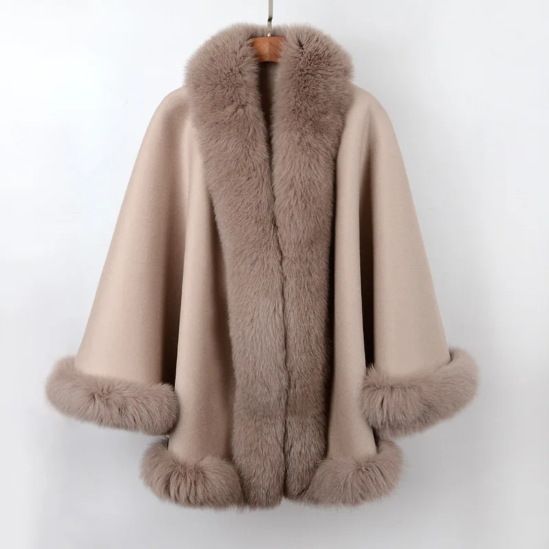 100% Cashmere Women Wool Knitted Poncho Women Winter Real Fox Fur Shawl