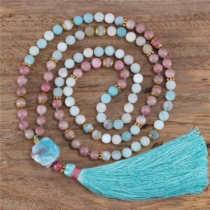Stone Yoga 108 Mala Beads Necklace with Long Tassel Meditation Jewelry Wholesale Vintage Chic Amazonite Rhodonite Natural CN;ZHE