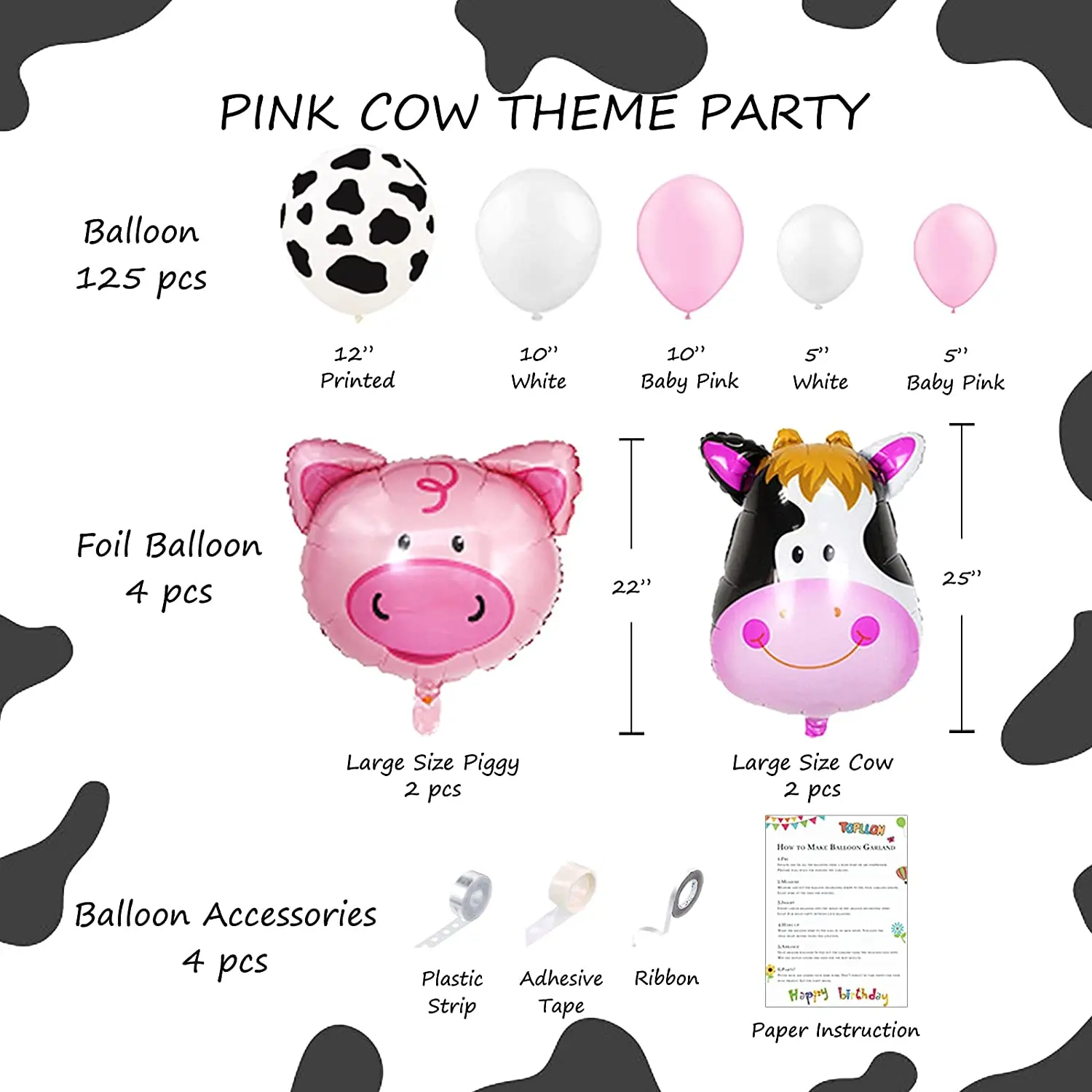 LEMON Cow Party Decorations Farm Animal Balloon Garland Kit with Cow Print Balloons for Girls Birthday Party Supplies