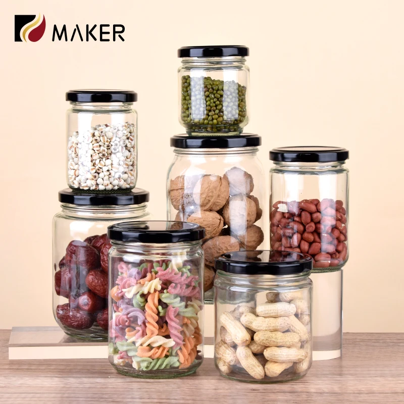 Food Storage Pickles Jars 500ml Round Airtight Glass Jar With Black Lid Cover For Honey Spices Dry Fruits Jam Nuts Peanut Butter