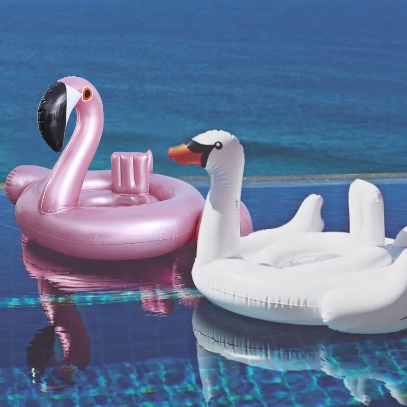 Rose Gold Inflatable Flamingo Swan Swimming Rings With Seat And Backrest Beach Party Swimming Circle Air Cushion Toys For Kids