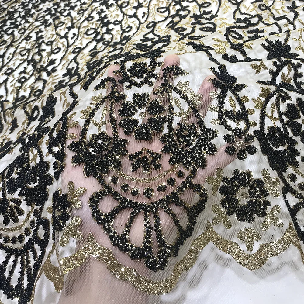 Navy Blue African Luxury Design Glued Beads Floral Lace Fabrics Shining Glitter Sequined Tulle Mesh for Sewing Women Party Dress
