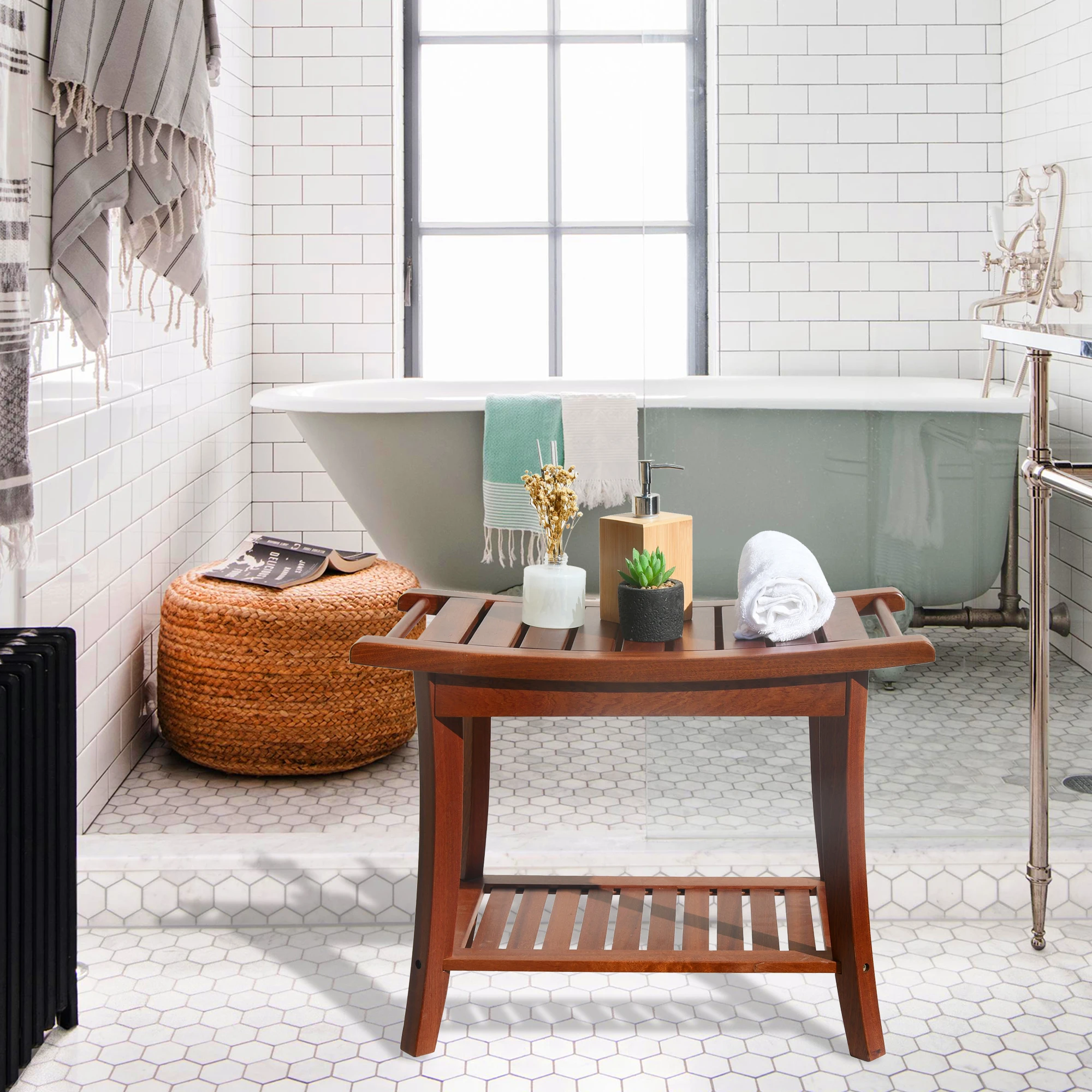 Wood Shower Bench Seat Stool Foot Rest Shaving Stool Storage Shelf Perfect For Indoor Or Outdoor