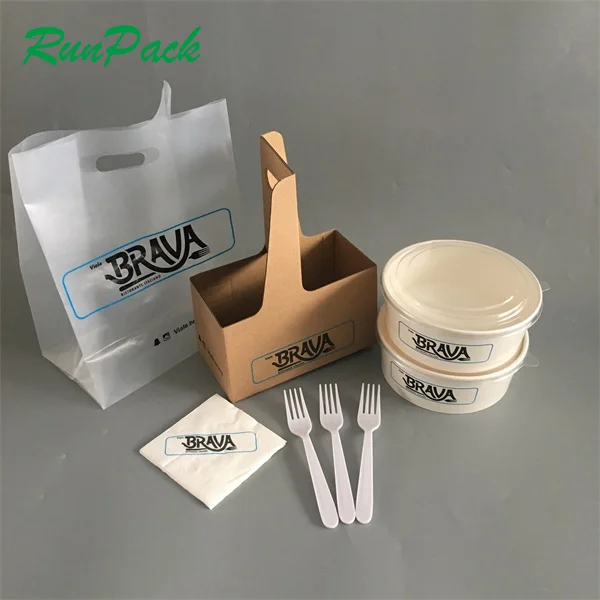 Дешевый обед на вынос с индивидуальным принтом большая одноразовая миска для супа 24 унции пищевая упаковка миски салата из крафтовой бумаги прозрачной крышкой домашних животных