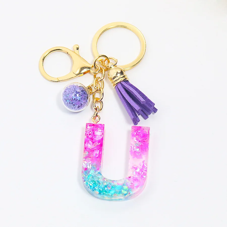 Purple Gradient initial key chain PVC Sequin letter Resin Keychain Acrylic keyring Leather Tassel Custom Crystal Letter Keychain