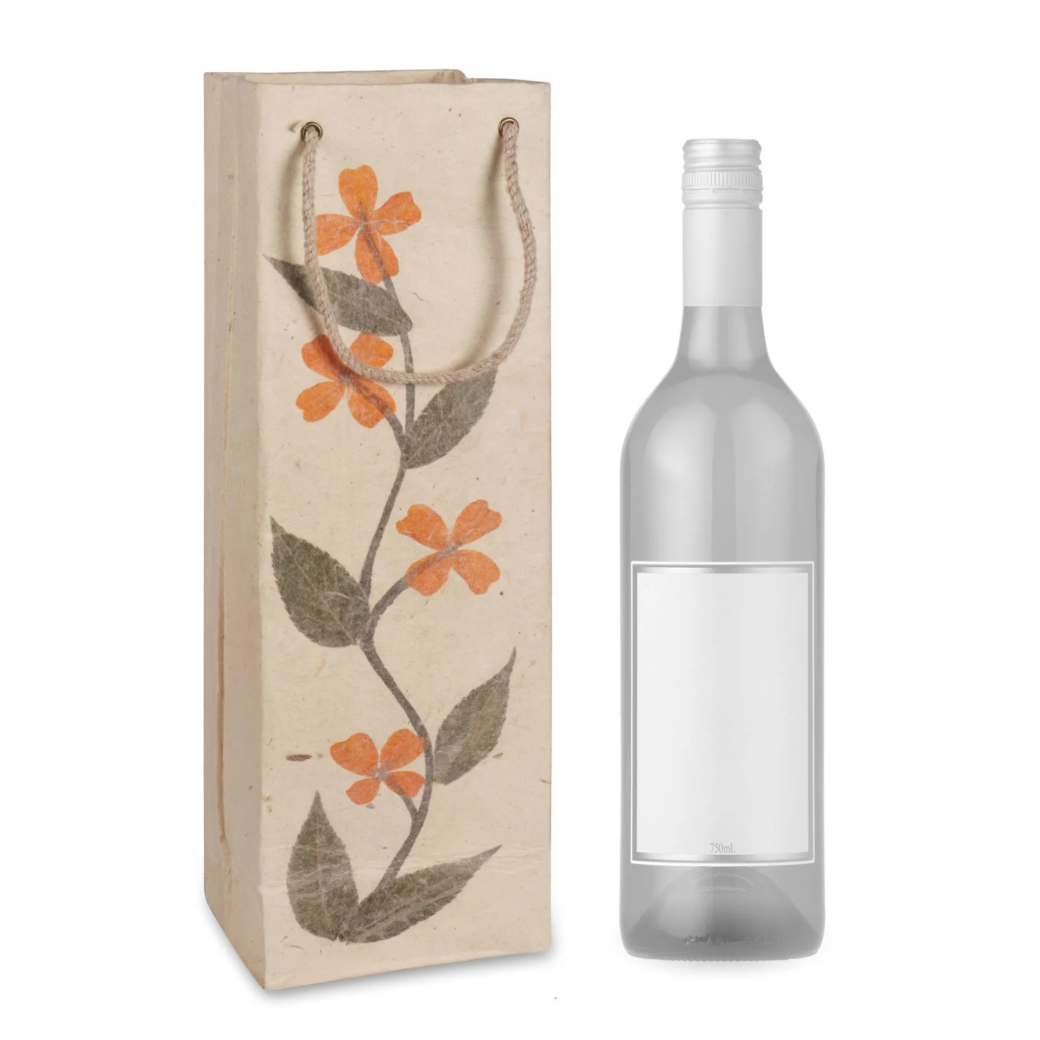 Best Selling Eco-Friendly Custom Floral Design Lokta Wine Bags Wholesale Kraft Paper Bag With Cotton Handle for Gift Packaging