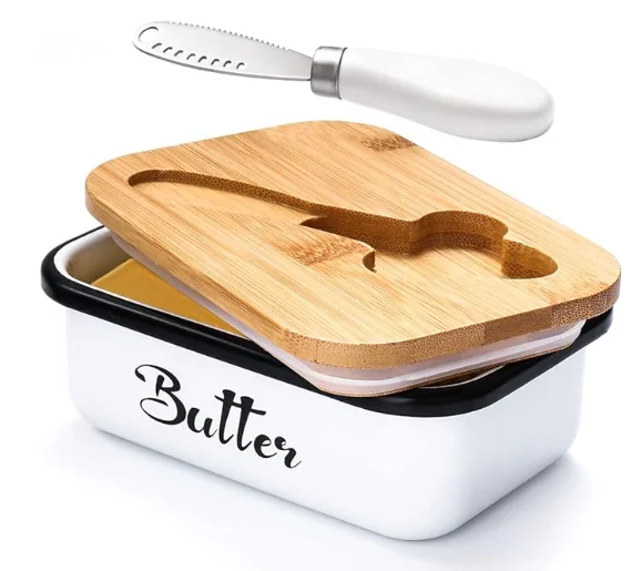 Functional Butter Box Airtight Metal Butter Container with Bamboo Lid and Knife Spreader for Kitchen Food Storage