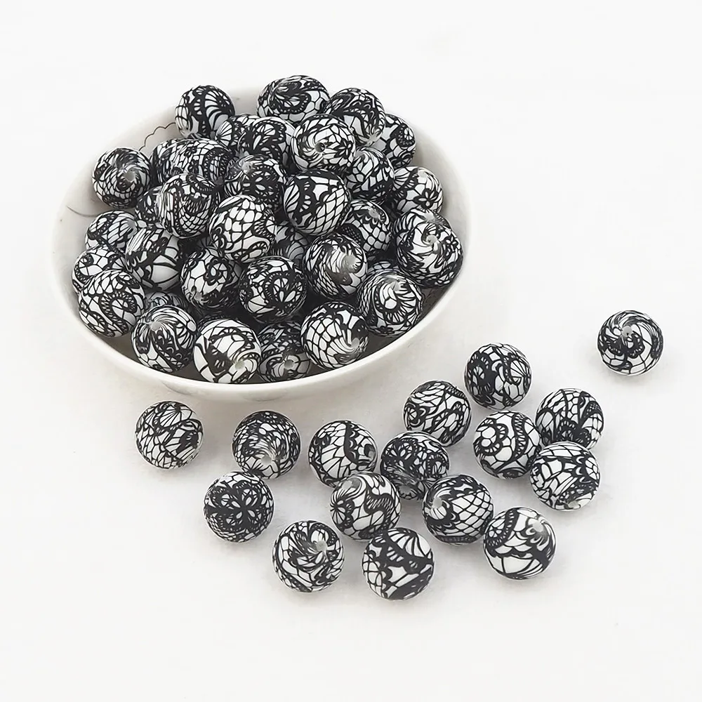 Лидер продаж, силиконовые бусины 15 мм с принтом, Детские Прорезыватели для зубов, бусины для прорезывания зубов, легкая завязка, изготовление ювелирных изделий своими руками