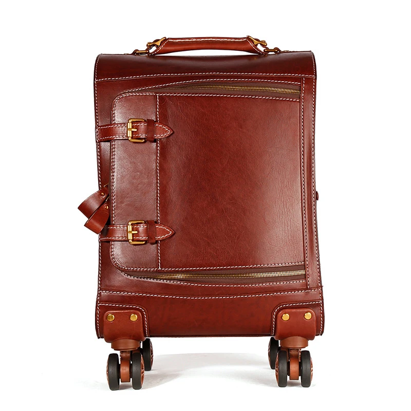 New leather retro trolley case 20 inch 360 Degree Wheels travel suitcase vegetable tanned leather hand luggage