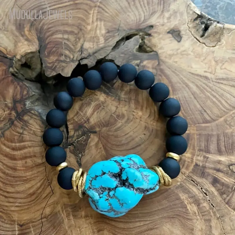 BM49212 Matte Natural Gemstone Black Onyx Turquoise Nugget Free Form Beaded Gold Plated Bracelet Boho Chic Energy Stone Jewelry