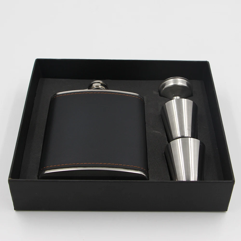 7oz Stainless Steel Whiskey Hip Flask with black leather cover Bonus 2 stainless steel shot cup and 1 funnel Gift Set