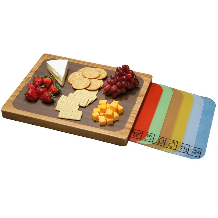 Natural Bamboo Cutting Board With 4 Color-coded Flexible Cutting Mats No Cross-contamination Four Non-slip Silicone Feet