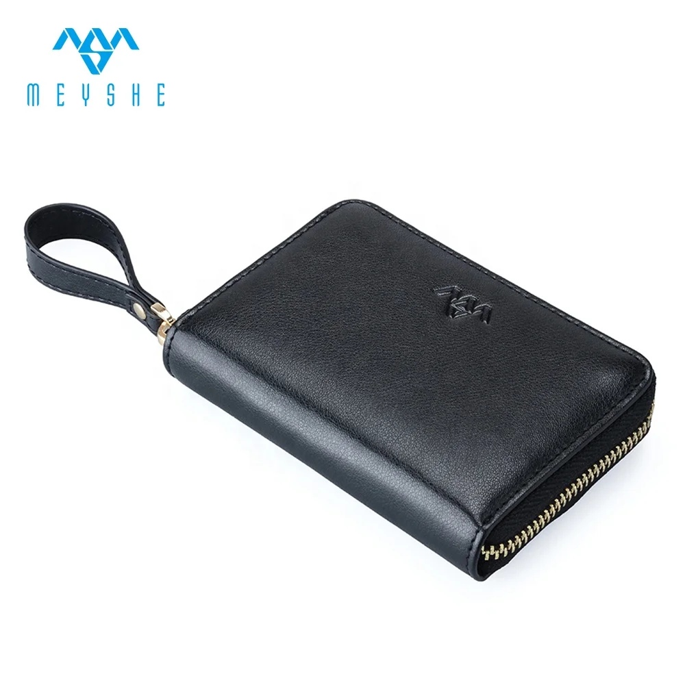 Black leather mini wallet purse student coin with metal
