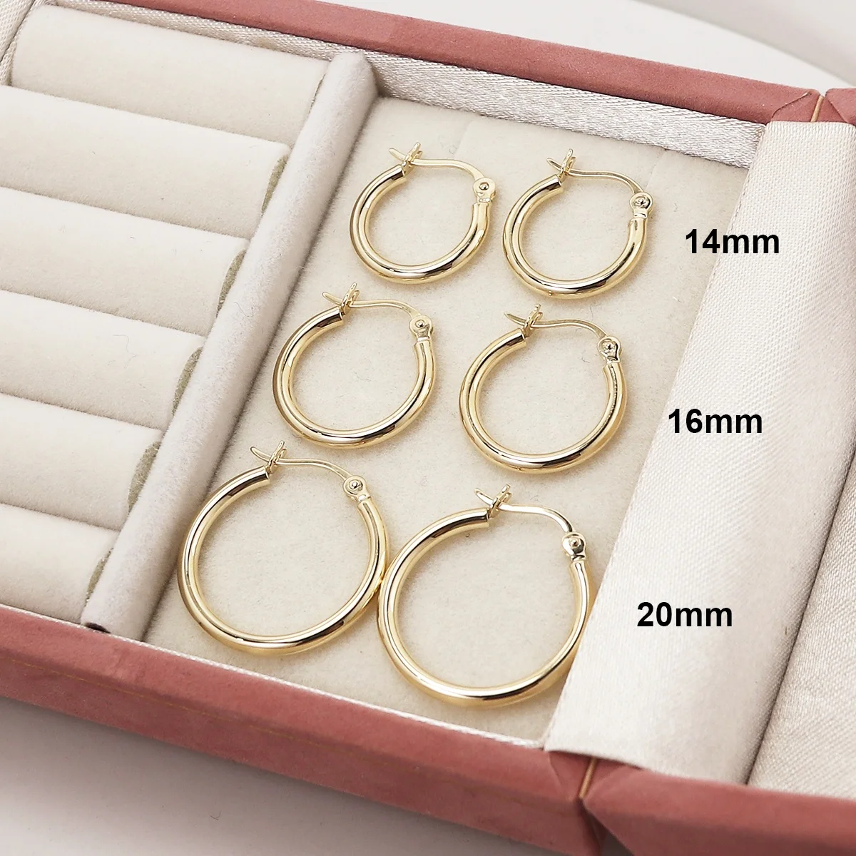 Custom 14mm 16mm 20mm Trendy Fine Jewelry Real 14K Solid Gold Jewellery 2mm Click Top Circle Hollow Tube Round Hoop Earrings