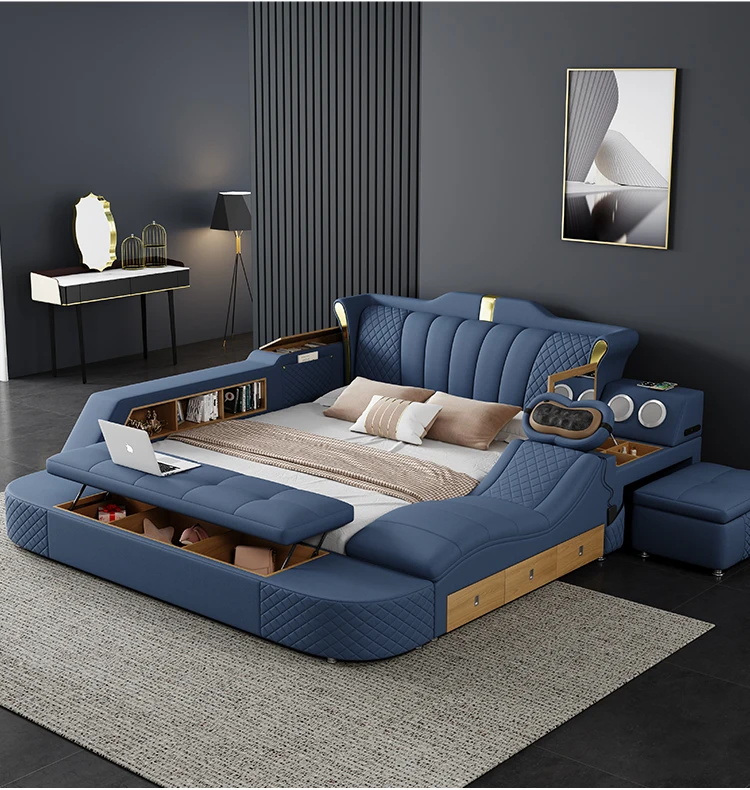 2023 Modern Leather Smart Bed With Massage Multi Function Bedroom Furniture With Storage Box Beds