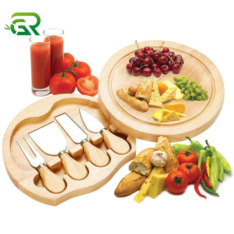 Charcuterie Platter Serving Tray With Slide-out Drawer for Wine Crackers Brie Meat Round Bamboo Cheese Board and Knife Set
