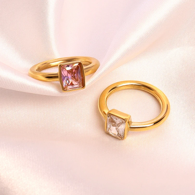 Waterproof High Quality Stainless Rings Gemstones Wedding Rings Gold 18k Couple Square Zircon Clear Pink Stone Ring for Gift