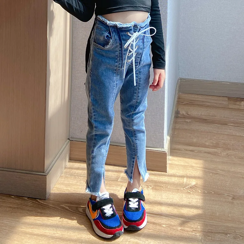 Новинка 8651802, модные джинсы для девочек со шнуровкой, черного и синего цвета