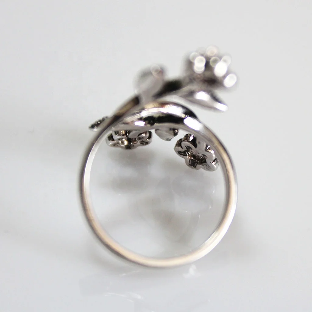Stylish Silver Plated  Long Finger Rings Flower with Black Diamonds and Zircon