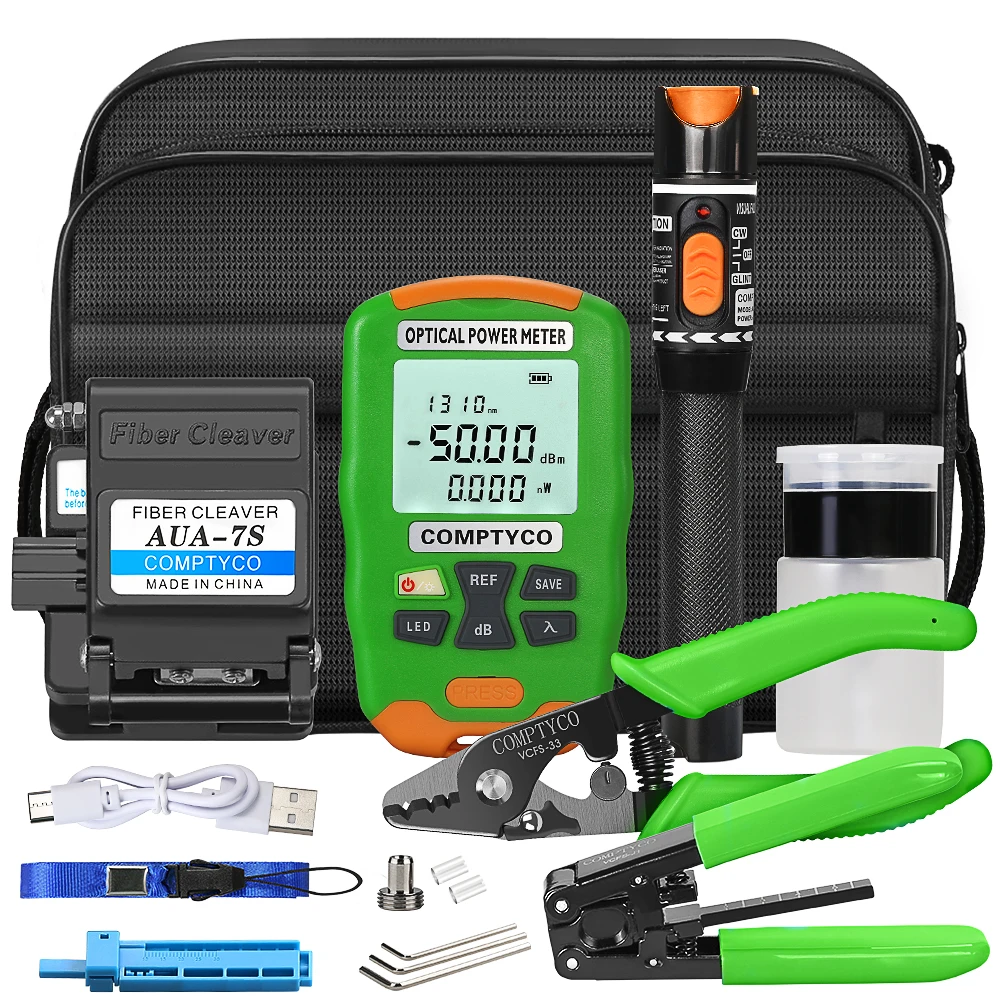 FTTH Fiber Optic Tool Kit with AUA-7S Fiber Cleaver -50~+26dBm AUA-DC7 rechargeable Mini Optical Power 10MW Visual Fault Locator