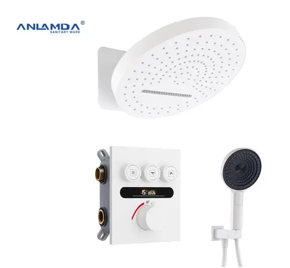 3 Ways Digital Display Round White Bathroom Shower Mixer Set Push Button Valve Rain Shower Head Thermostatic Shower System set