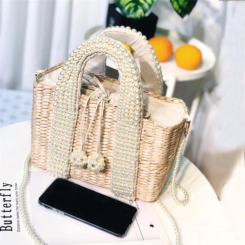 
Летняя Пляжная сумка в новом стиле, соломенная плетеная сумка ручной работы с жемчугом, праздничная женская сумка-клатч на плечо с Бали 