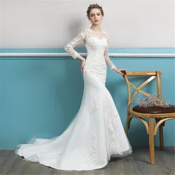 2020 vestidos de novia illusion long sleeves elegant princess mermaid long train bridal gown wedding dress