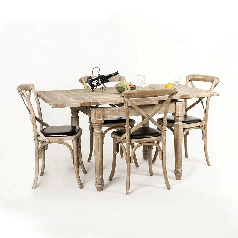 Hand carved rustic solid wood restaurant use  table and chairs extension dining furniture (DT-515F-OAK)