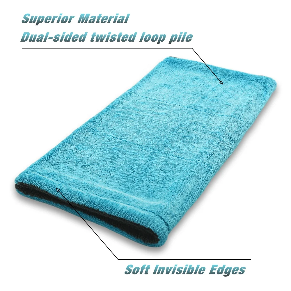 Microfiber Twisted Loop Large Drying Towel Double Twist Pile Loop Car Detailing&Drying Towel(Light Blue&Grey)