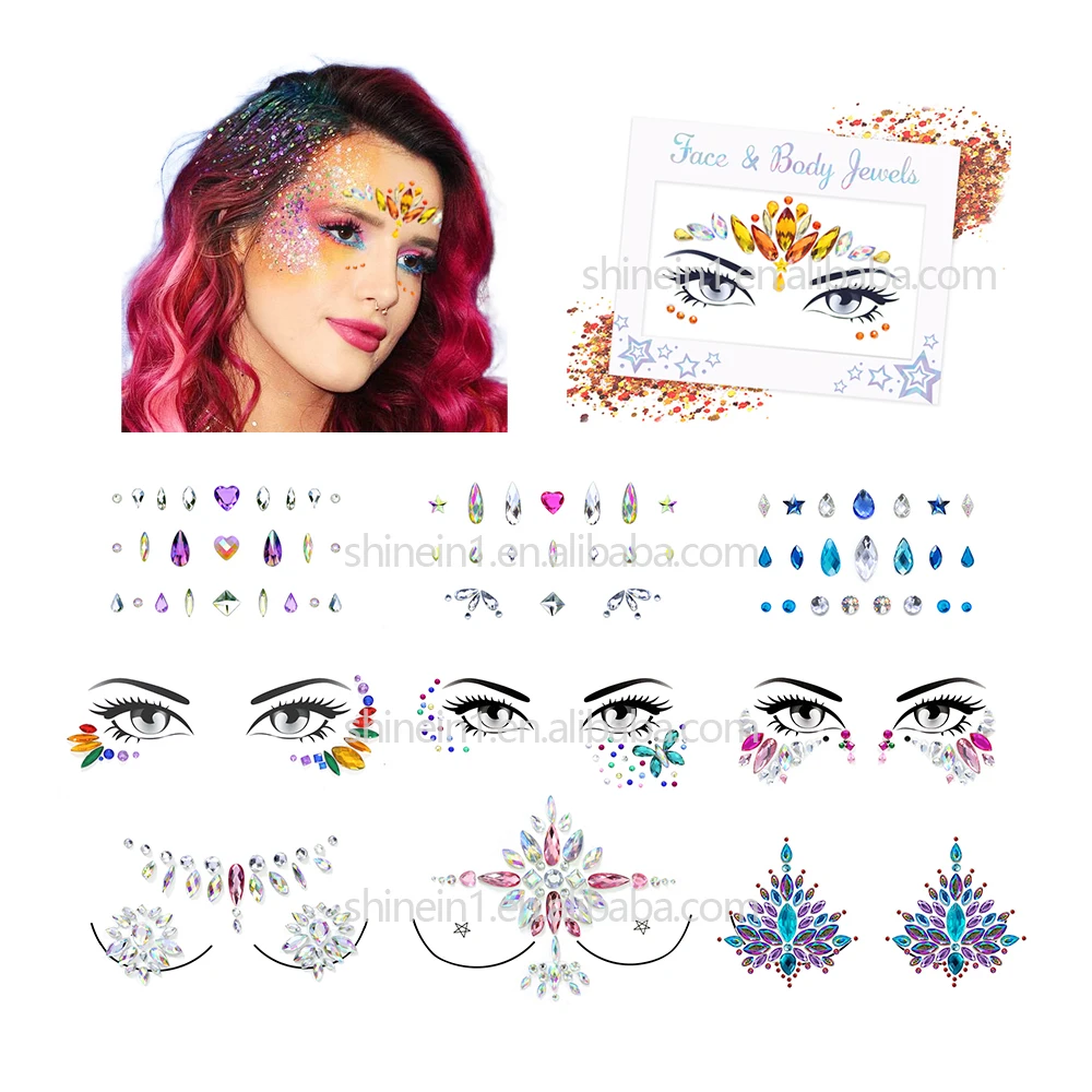 Tattoo Hair Gem Stickers Rhinestone Hair Jewels Stickers Wholesale Self Adhesive Face Eye Crystal for Party Makeup Acrylic
