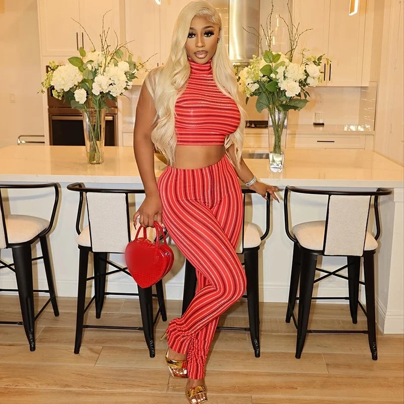 QuiteS 2024 New Striped Printed Sleeveless Turtleneck Jacket Tight Fitting Pantsuit For Women