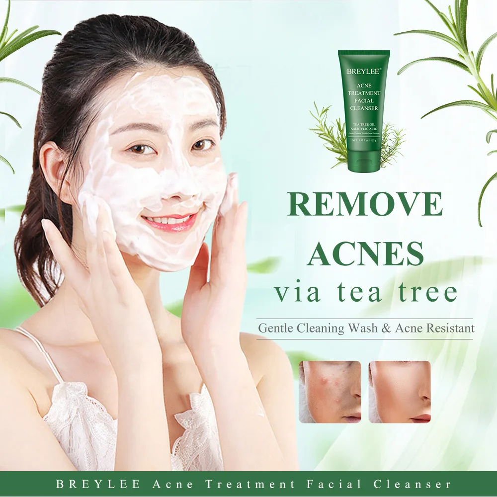 BREYLEE Tea Tree Oil Salicylic Acid Facial Cleanser Remove Acne Oil Control Facial Cleaning Cream Acne Treatment Facial Cleanser