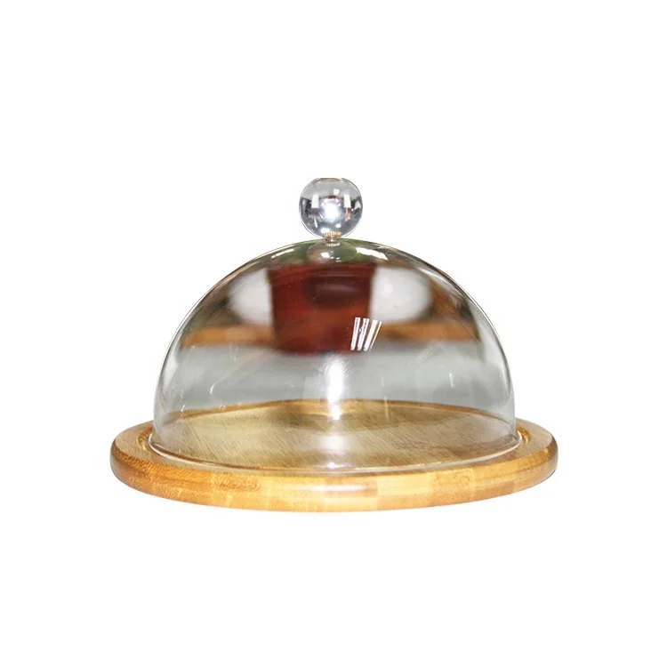 glass dome with bamboo tray cake stand Customized fancy and food safe display decorative wedding