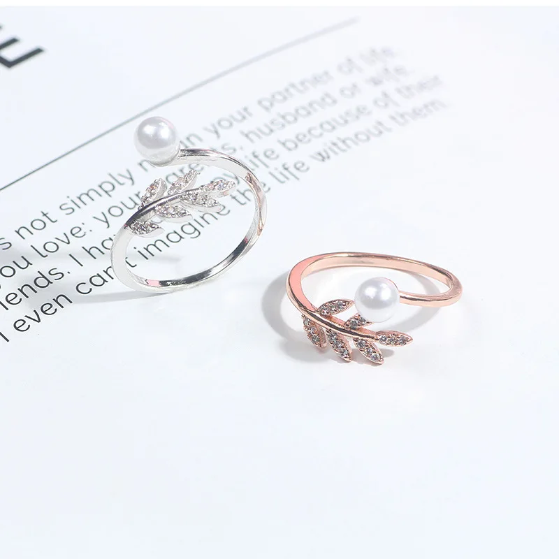 
Korean version of temperament and color open ring simple josiah leaves set zircon pearl ring FOR WOMEN 