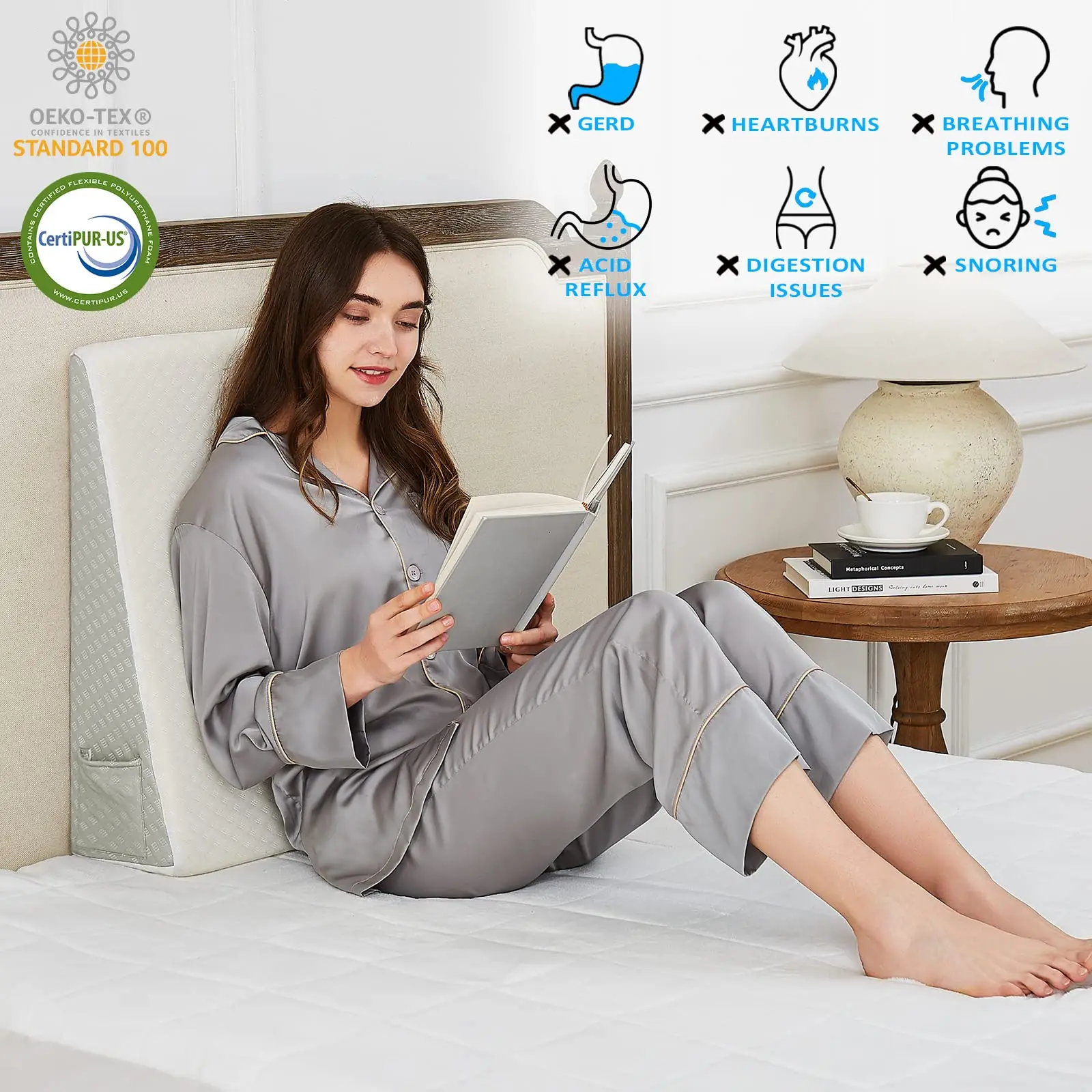 7.5 Inches High Density Leg Elevation Memory Foam Core Gap Filler Pillow Headboard Bed Wedge Pillows with Side Pockets