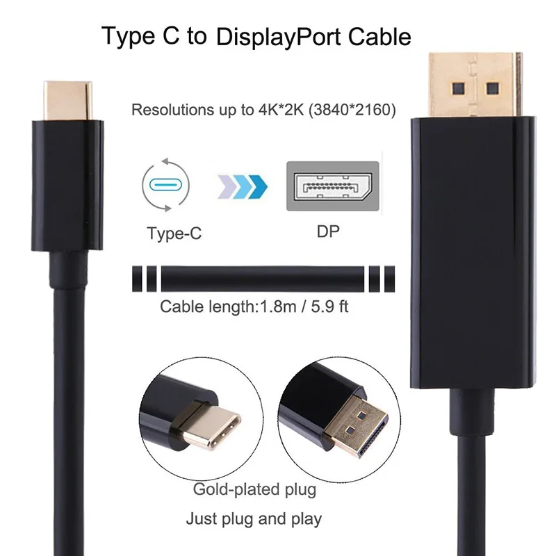  Кабель порта дисплея Type-C USB C на DP 4K для Macbook Huawei P30 Dock Samsung S9 Dex TV Monitor