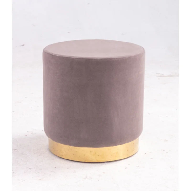 Wholesale cheap modern fabric pouf bed end chair make up stool round stainless steel ring floor ottoman pouf