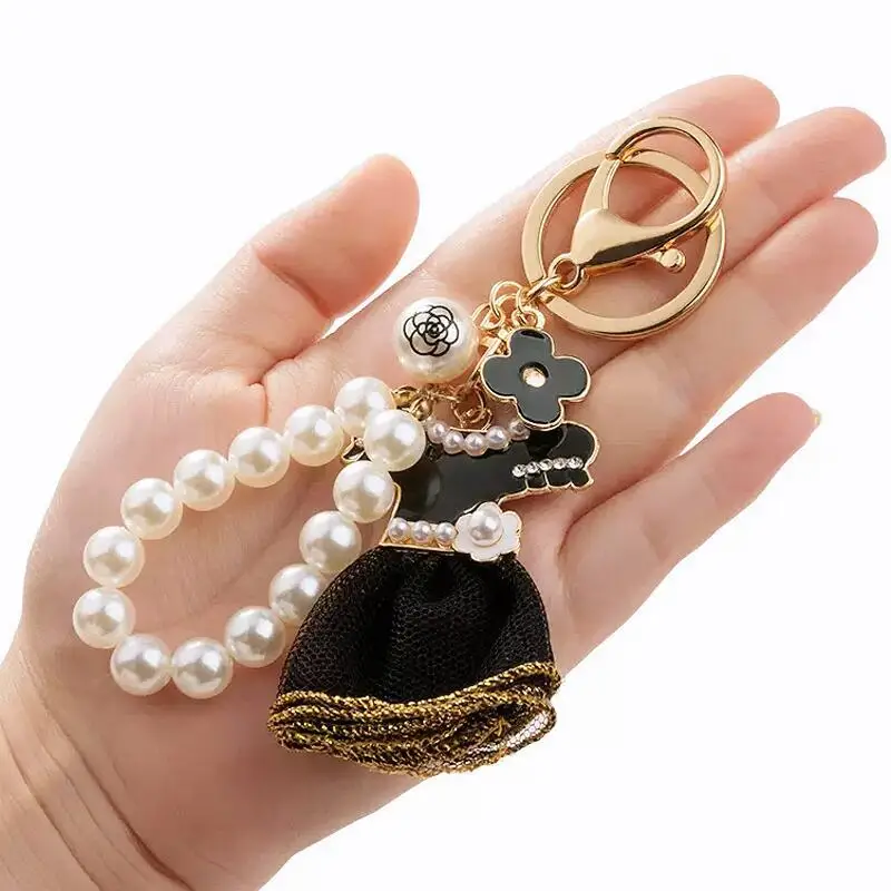 Cute Gift Black Skirt keychain Pearl Beads Wrist straps Dress key chains Ladies Bag Charm Pendant Pearl Key Rings Women Keychain