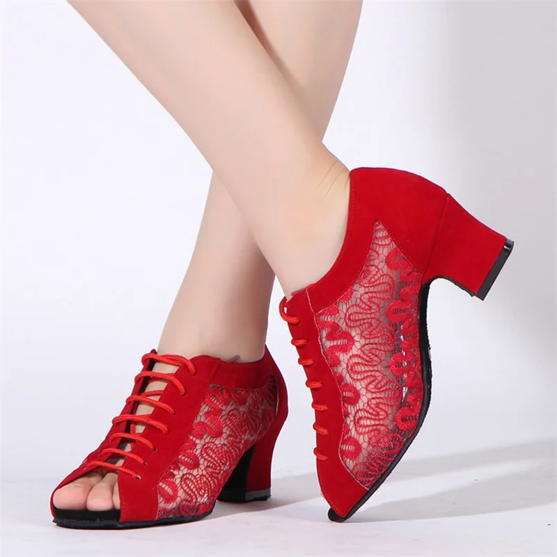 Red Color Women Ballroom Dance Shoes 4.5cm Heel Dragon Lace Suede Sole Teacher Student Practice Latin Salsa