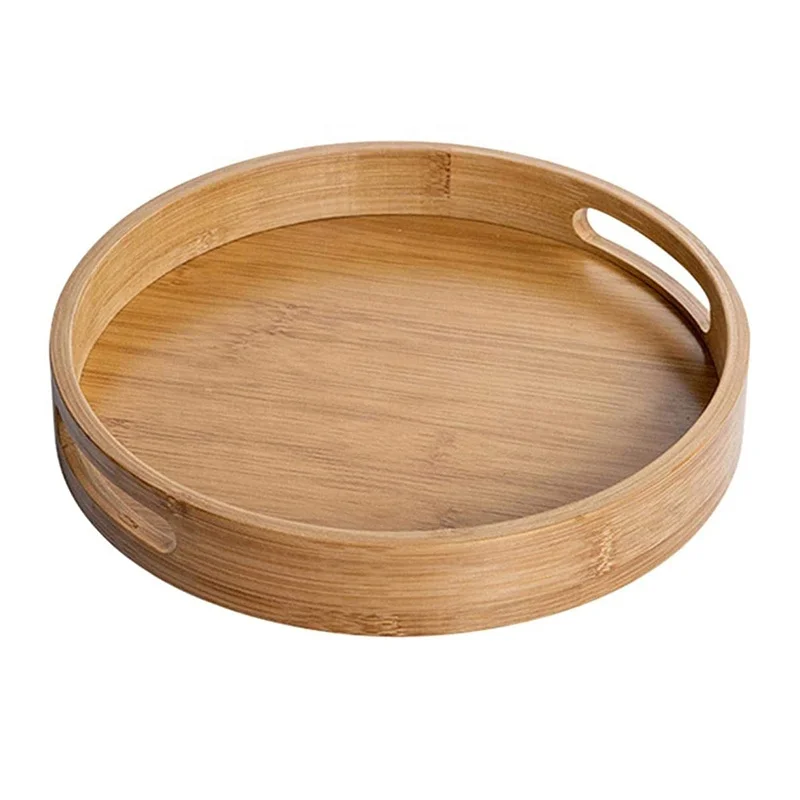 Custom Wooden Bamboo Round Floating Coffee Tea Food serving trays set With Handles