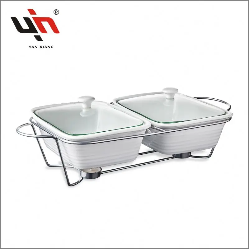 Wholesale Set Of 2 Rectangle White Porcelain Baking Dish On Stand Ceramic Bakeware Lid Casserole Food Warmer Set Casseroles