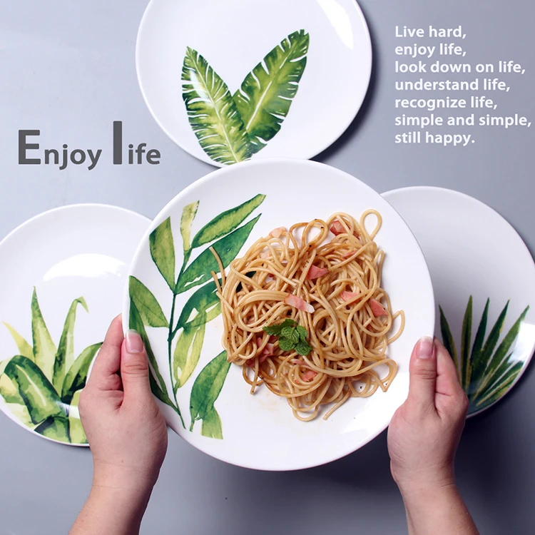 10 inch ins Nordic ceramic steak plate fruit platter small fresh leaves Thai western restaurant main meal large plate