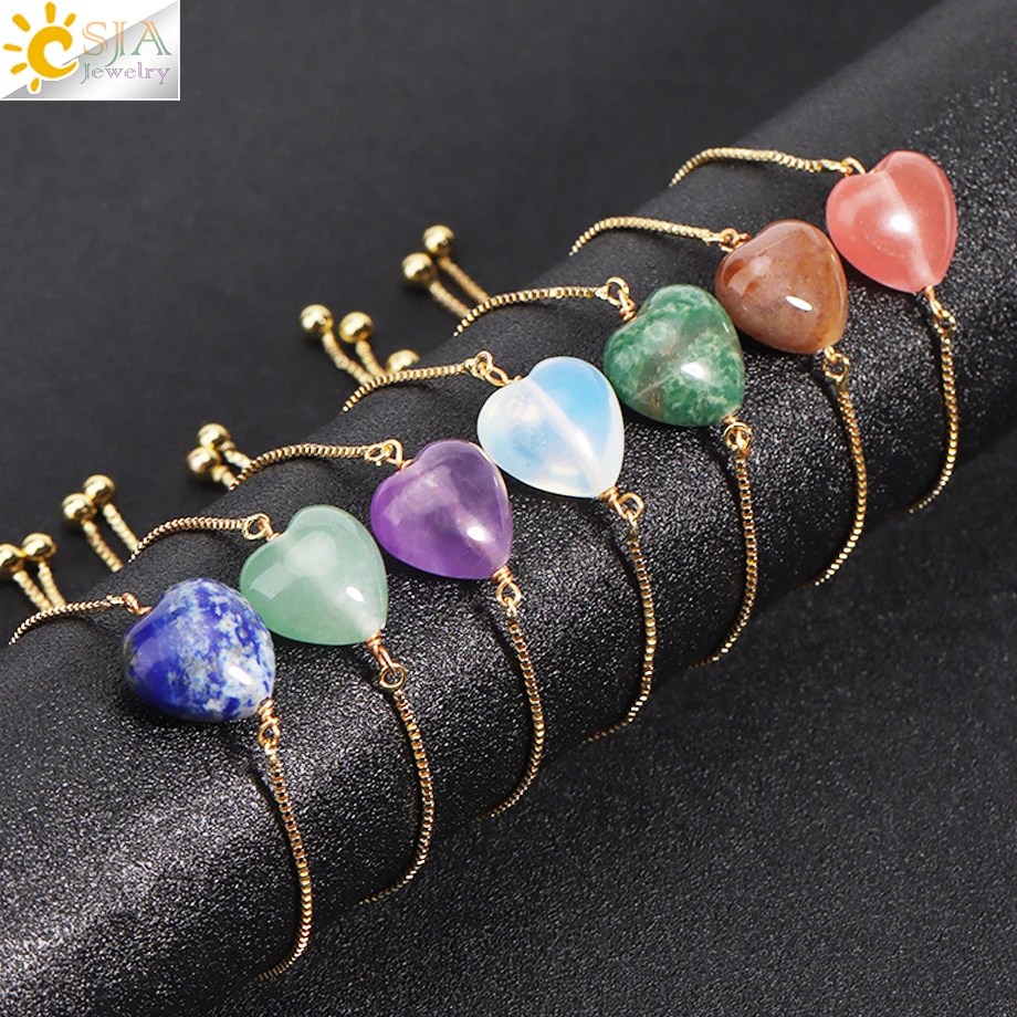 CSJA Gold Color Stainless Steel Thin Chain Amethysts Pink Healing Crystal Natural Gems Stone Heart Bracelet For Women H323