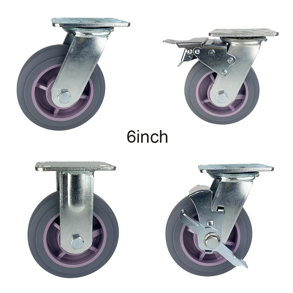 WBD 6 Inch Gray TPR Heavy duty High load capacity Durable Swivel Caster Wheels Top Plate Soft Wheel Caster