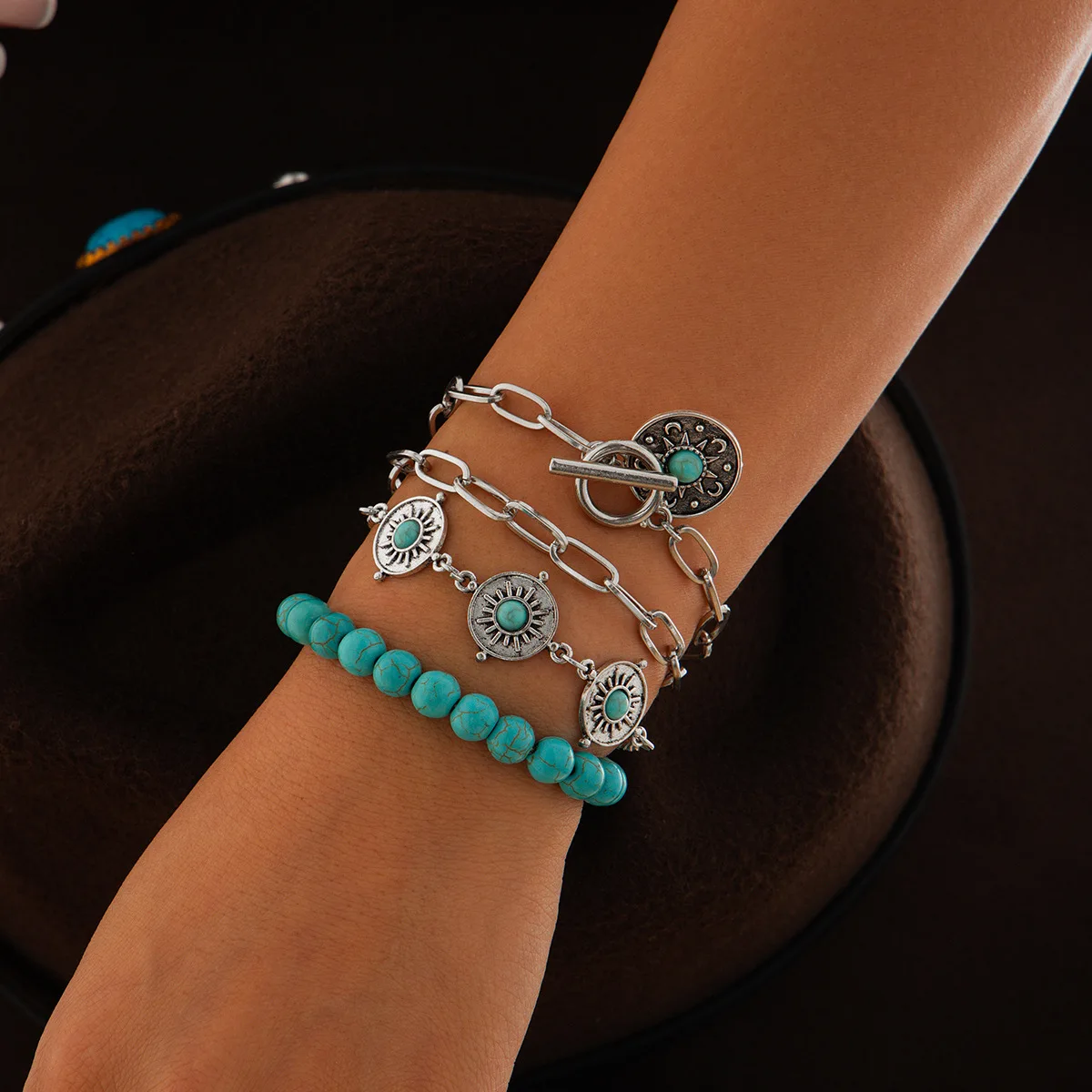 National Style Retro Imitation Turquoise Cactus Tag Bracelet Set Personality Multi Element Beaded Hand For Men And Women